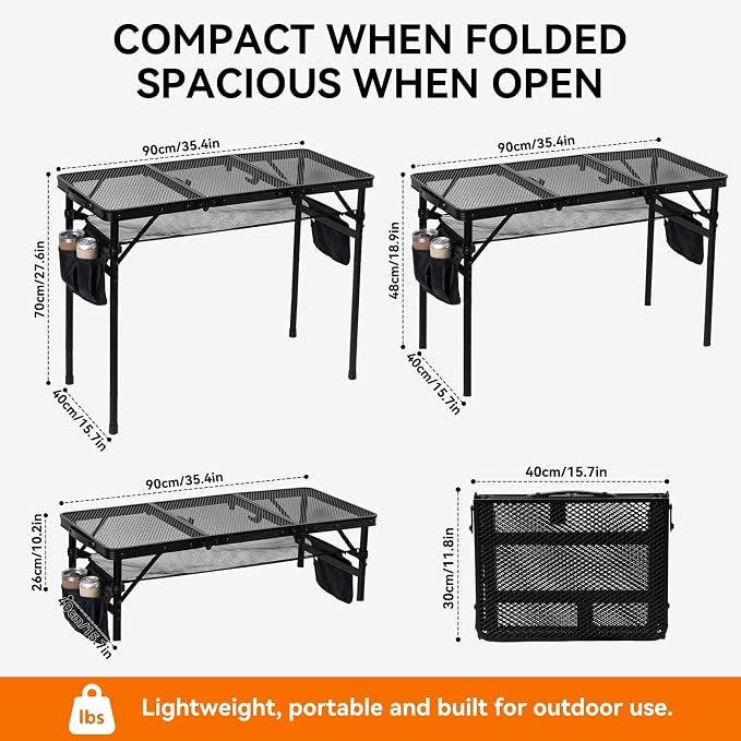 3Ft Foldable Grill Table for Camping, Portable Metal Mesh BBQTable with Dual Side Storage Bags, Lightweight Folding Outdoor Cooking Table for Picnic, RV Travel, Beach & Backyard BBQ