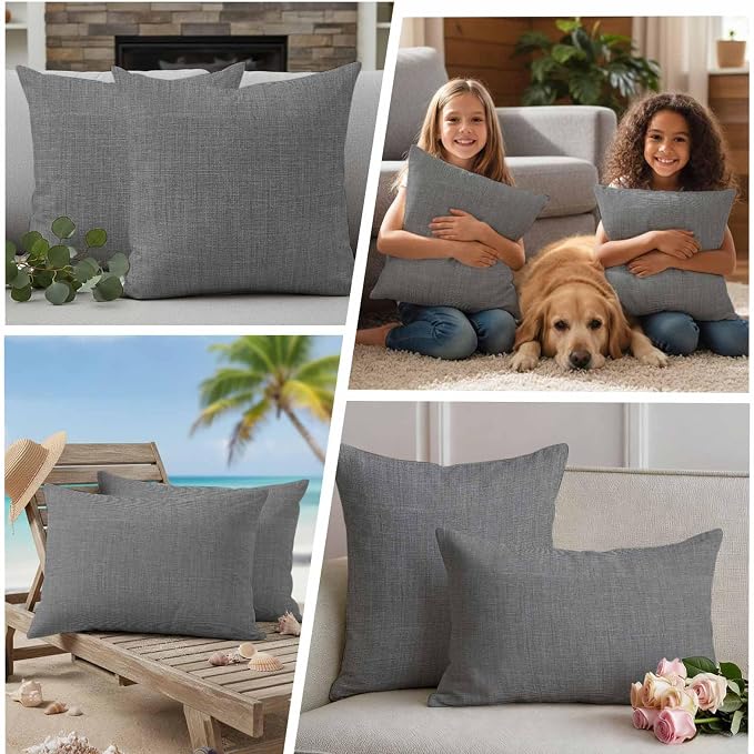 Outdoor Waterproof Throw Pillow Covers Set of 2 Grey Linen Pillowcases 18x18 Inches Farmhouse Pure Color Decorative Pillows Cushion Case Patio Pillows for Couch Bed Chair Garden
