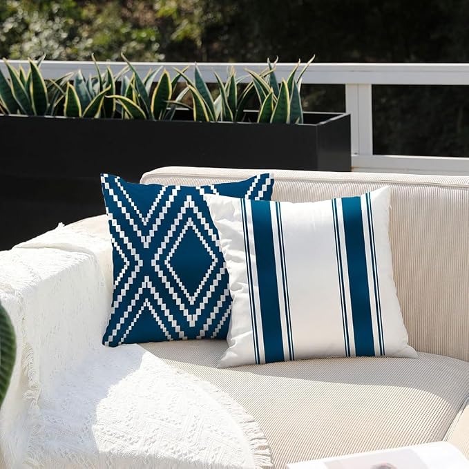 DFXSZ Outdoor Blue Waterproof Geometry Pillow Covers 18x18 Set of 4 | Spring Summer Waterproof Modern Throw Pillowcases（No Inserts） Outdoor Decor for Patio Funiture Garden Polyester Covers