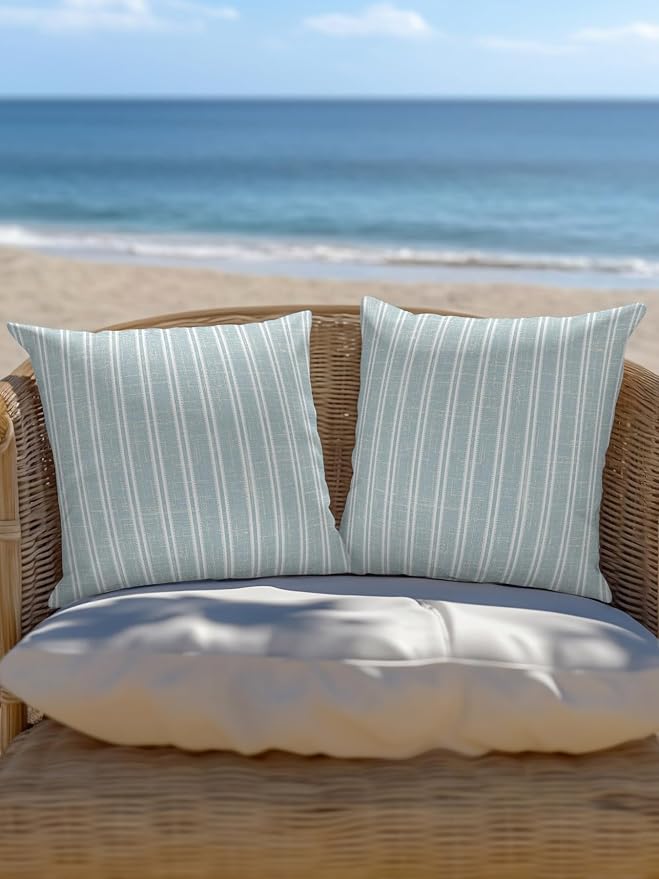 Waterproof Outdoor Pillow Set of 2 Blue Linen Striped Decorative Throw Pillows Cover & Insert 18x18 Inch Pillowcase Vertical Stripes Lines Pillows for Couch Sofa Bed Patio Furniture Indoor Outdoor