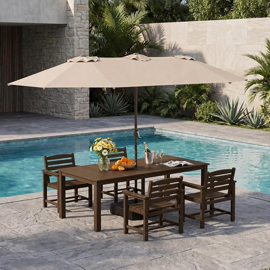 HDPE 5-Piece Outdoor Dining Set with 15FT Umbrella, Brown | All-Weather Patio Table and Chairs for 4, Fade-Resistant Patio Furniture Dining Set for Lawn, Garden, Deck, Backyard