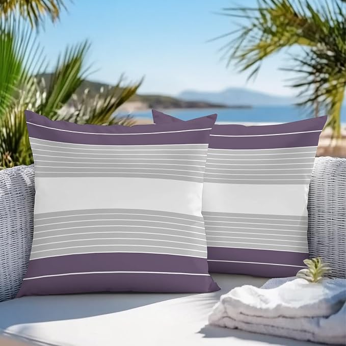 Purple Grey Stripe Outdoor Pillow Covers Waterproof, All Weather Cushion Case Set of 2, Modern Art Horizontal Striped Decorative Pillowcases for Sofa Couch Bed Decor Patio Furniture 18"x18"