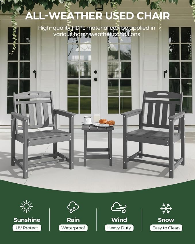 Patio Chairs Set of 2, HDPE Outdoor Dining Chairs with Wide Seat, All Weather Oversized Porch Chair for Garden, Backyard, Deck - Grey