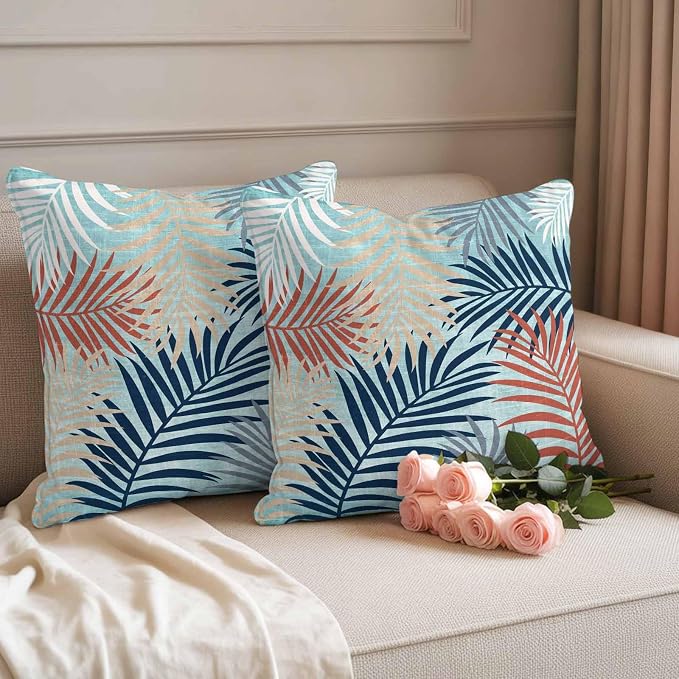 Outdoor Waterproof Throw Pillow Covers, Red Blue Teal Palm Leaves Decorative Pillow Cases, Summer Botanical Tropical Leaf Couch Pillow Protector Patio Sofa Cushion Covers Replacement 18"x18" 2 Pack