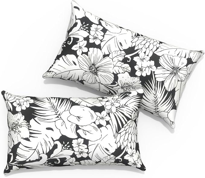 Outdoor Lumbar Pillows with Insert 12x20 Inch, Waterproof Throw Pillow for Patio Furniture, Decorative Lumbar Cushions for Garden Home Sofa Office Chair, Set of 2, Tropical Blossom Noir