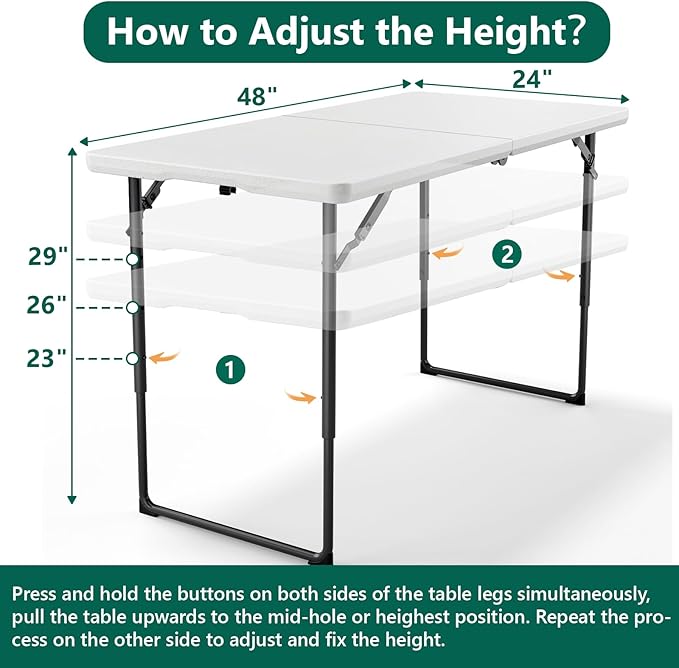 4FT Folding Table, Fold Up Picnic Table with Height Adjustable Portable Table for Indoor Outdoor Use Camping Table for Party, BBQ, White