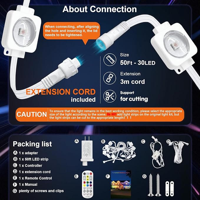 Super RGB Permanent Outdoor Lights 50FT, Smart RGB+IC Eave Lights with Remote APP Control, DIY LED Color Individual, White & Colorful Christmas String Light, IP67 Waterproof for House Outside Decor