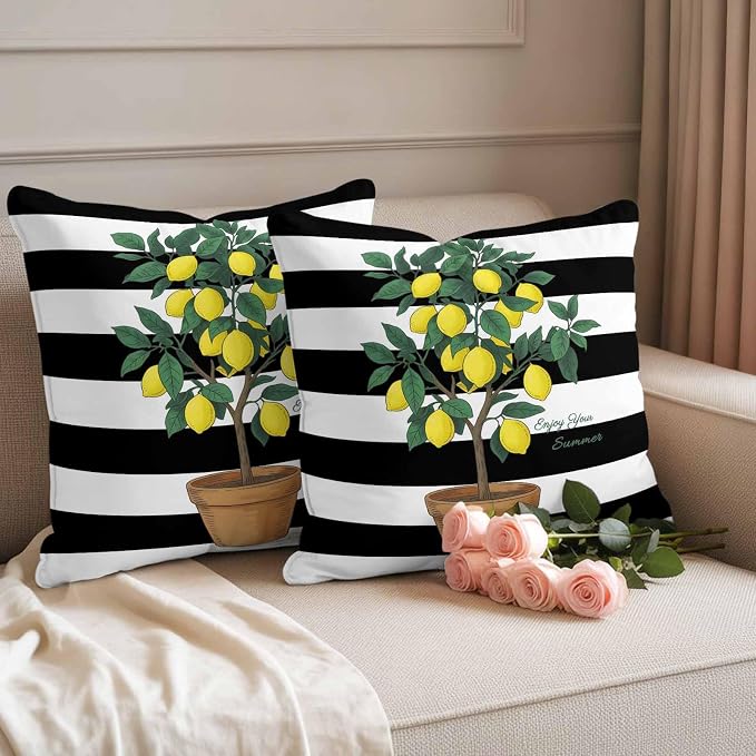 Summer Lemons Outdoor Waterproof Pillow Covers Set of 2, Yellow Fruit Leaf Black White Striped Abstract Pillowcase Decorative Throw Cushion Cases for Patio Garden Couch 26 x 26 Inches