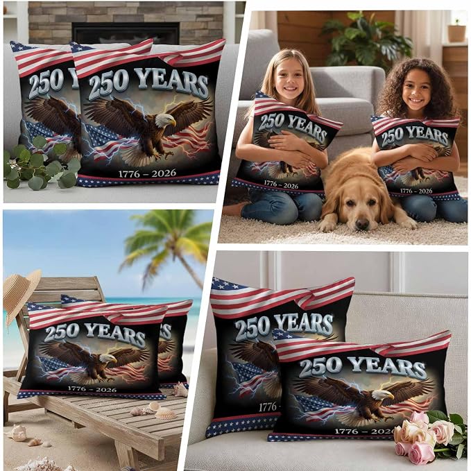 250th Anniversary USA Outdoor Waterproof Throw Pillow Covers 20x20 Set of 2, Independence Day Eagle Flag Decorative Pillowcases Cushion Pillowcase for Couch Sofa Patio Outside Pillow Protector