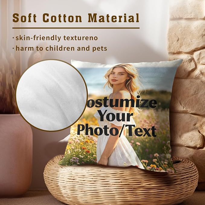 Custom Design Photos or Text Throw Pillow Covers 20x20 Inch – Pack of 2 Personalized Pet Photo Cotton Hidden Zipper Pillowcases for Couch Sofa Bed Porch Farmhouse Home Decor