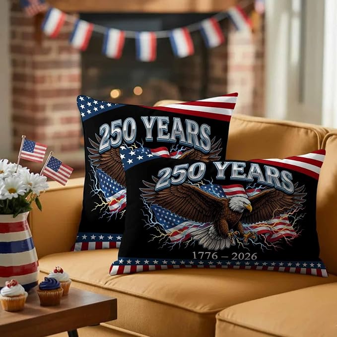 America 250 Years Eagle Outdoor Pillow Covers 20"x20" Set of 2, Independence Day Lightning Red Blue Flag Waterproof Throw Pillow Covers for Patio Furniture, Decorative Cushion Covers for Porch
