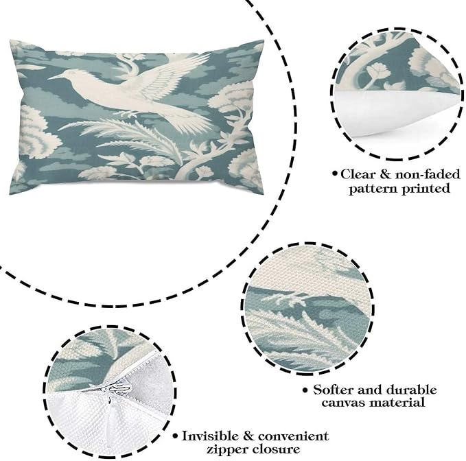 Set of 2 Blue Turquoise and White Birds Plant Decorative Throw Pillow Covers 12x20in Farmhouse Rectangle Accent Pillow Cases Cushion Cover Cases for Sofa Chair Bedroom Home Decor