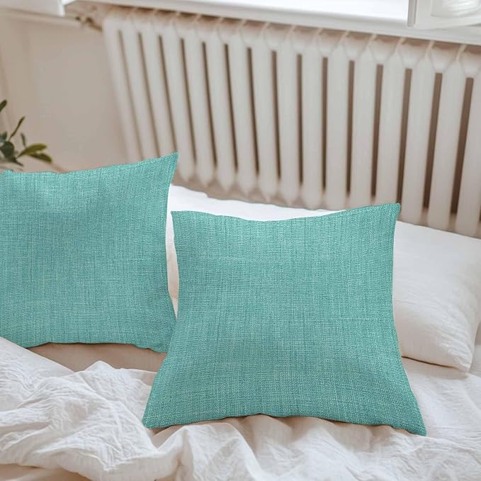 Vandarllin Outdoor Throw Pillows Covers 18x18 inch Set of 2 Waterproof Turquoise Linen Decorative Zippered Cushion Covers for Patio Furniture, Farmhouse Pure Color Lumbar Pillowcases