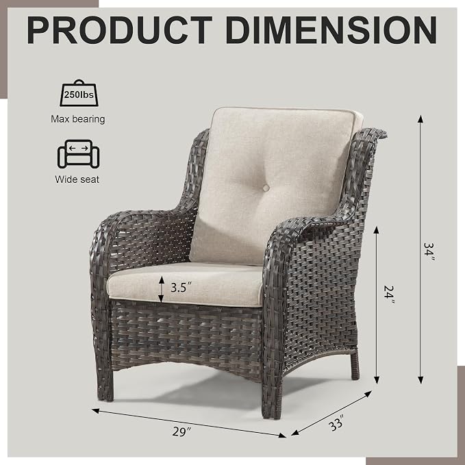 Outdoor Wicker Chair Rattan Patio Dining Chairs Set of 6 PE Wicker Patio Chairs with 4 inch Seat Cushions Patio Seating Chair for Garden, Backyard Swimming Pool, Balcony, Beige