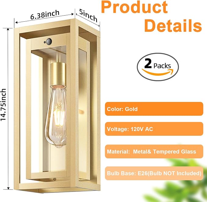 15" Motion Sensor Gold Outdoor Light Fixture Wall Mount, 3 Lighting Modes Waterproof Anti-Rust Wall Sconces, 2 Pack Exterior Lighting Fixtures for Front Door, Porch, Garage