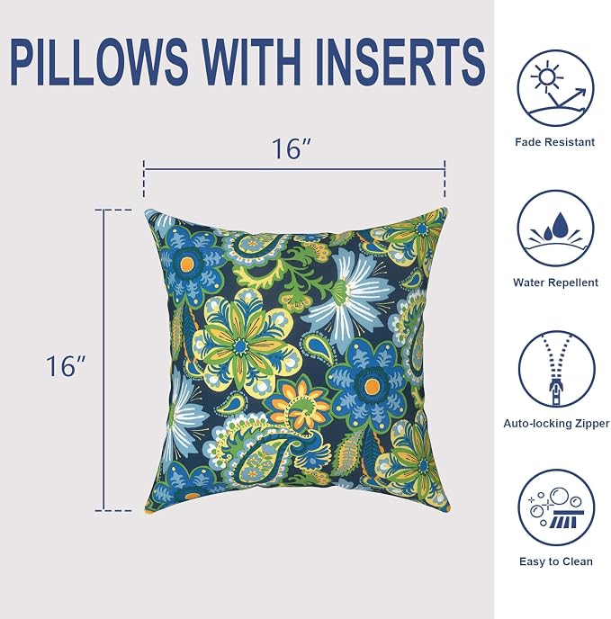 Outdoor Throw Pillows 16x16 Inch, Water Repellent Patio Pillows with Inners Set of 2 for Patio Furniture Home Graden, Wonder Garden