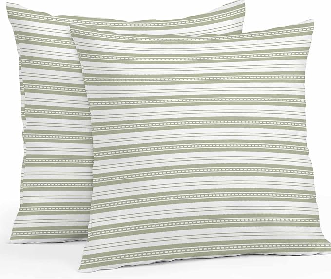 Boho Sage Green Stripe Waterproof Outdoor Pillow Covers Set of 2 Home Decor, Abstract Geometric White Minimalist Pillowcase Patio Pillow Covers for Couch Bench Furniture Garden 20x20in