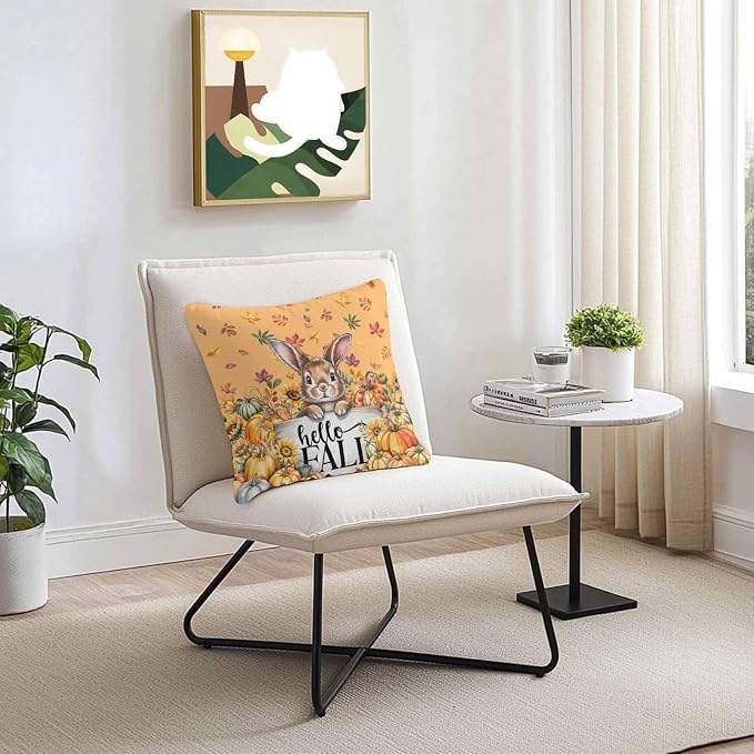 Thanksgiving Rabbit Outdoor Waterproof Pillow Covers, Orange Pumpkins Fall Leaves Flowers Decorative Square Throw Pillowcase Sofa Cushion Sham for Patio/Couch/Chair, 18"x18" 2 Pack