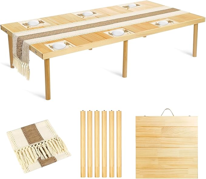 Folding Picnic Table with Table Runner & Placemat, 60 * 30in Wooden Picnic Table for Outdoors, Boho Low Coffee Table for Sitting on The Floor, for Beach, Park, Garden, Camping, Travel(Natural)