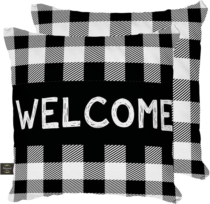 Briarwood Lane Winter Indoor/Outdoor Pillow 17x17 Black Checkered Welcome Everyday Decorative for Winter Pillow