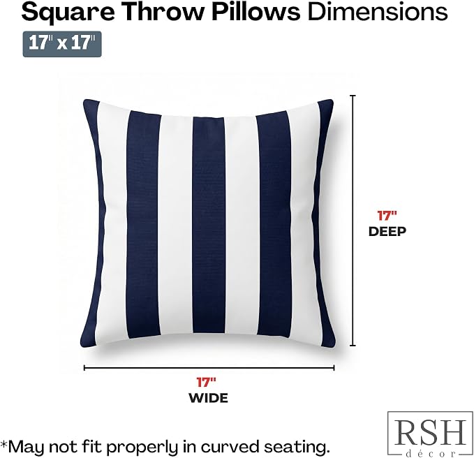 RSH DECOR: Sunbrella Square Throw Pillows Set of 2 | 17" x 17" | Water & Fade-Resistant | Outdoor Pillow Covers with Down-Alternative Inserts | Made in USA (Cabana Midnight Navy Stripe)