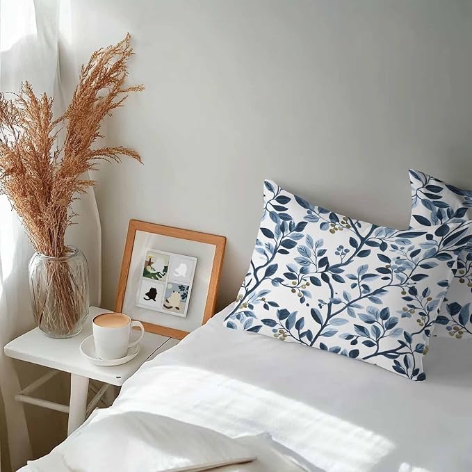 Lumbar Pillow Covers 20x12 Inch Set of 2, Navy Blue Botanical Waterproof Outdoor Pillow Covers, Summer Spring Leaves Decorative Cushion Pillowcases for Couch, Sofa, Bed, Garden, Patio