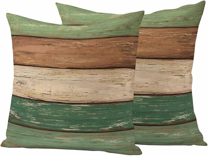 Farmhouse Dark Sage Green Brown Outdoor Waterproof Pillow Covers, Vintage Wooden Striped Decorative Square Throw Pillowcase Sofa Cushion Sham for Patio/Couch/Chair, 24"x24" 2 Pack