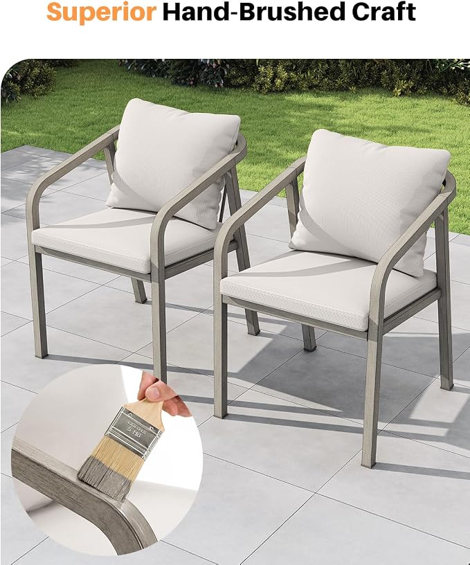 Never-Rust Aluminum Outdoor Dining Chairs Set of 2, Patio Dining Chairs with Ultra-Thick Cushion, Outdoor Patio Chairs with Wraparound Backrest and Armrest for Poolside, Porch, Deck, Gray Oak