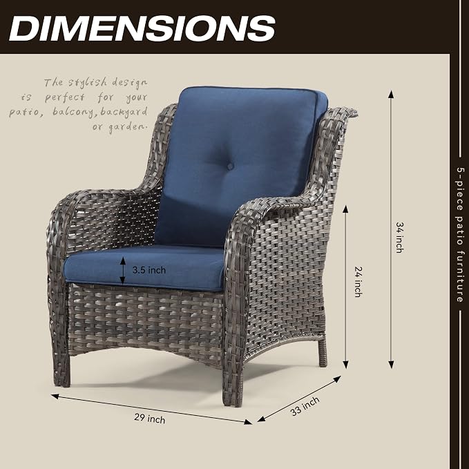Outdoor Wicker Chair Rattan Patio Dining Chairs Set of 4 PE Wicker Patio Chairs with 3.5 inch Seat Cushions Patio Seating Chair for Garden, Backyard Swimming Pool, Balcony, Blue