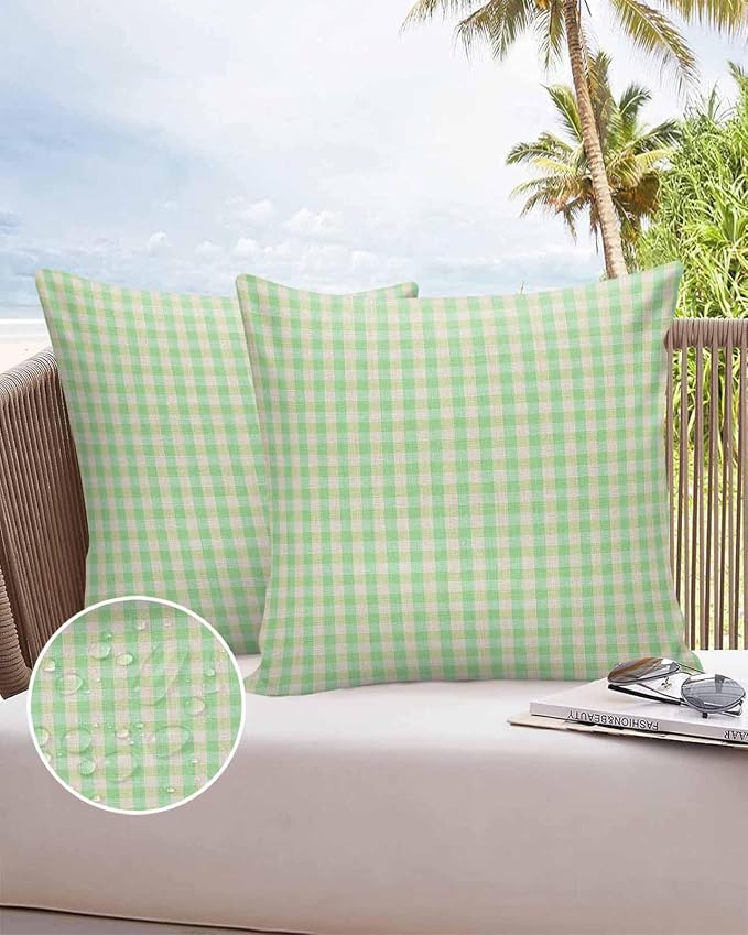 Outdoor Waterproof Throw Pillow Covers Set of 2 Green Buffalo Plaid Pillowcases 26x26 Inches Linen Classic Checked Patio Decorative Pillows Cushion Case Patio Pillows for Couch Bed Chair Garden