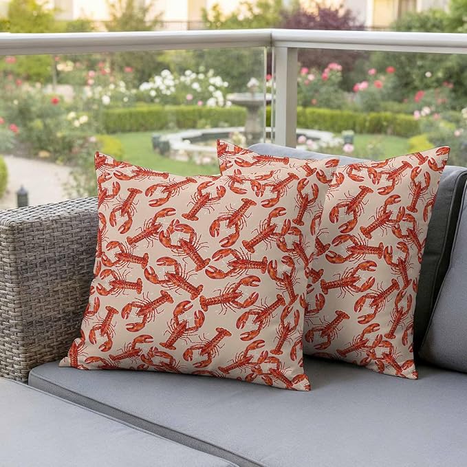 Summer Marine Life Outdoor Waterproof Throw Pillow Covers 18"x18" Set of 2, Farmhouse Red Lobster Decorative Garden Pillowcase with Zipper Cushion Case for Patio Couch Tent