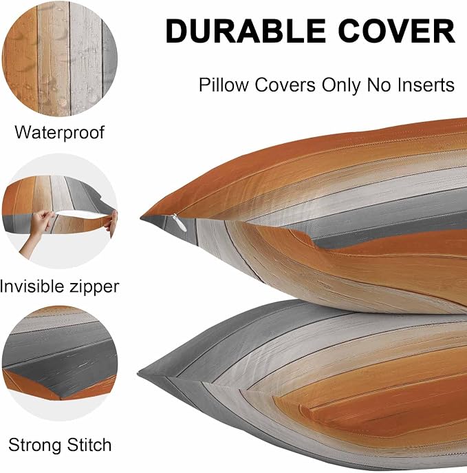 Lumbar Pillow Covers 20x12 Inch Set of 2, Burnt Orange Gray Ombre Waterproof Outdoor Cushion Covers, Vintage Farmhouse Wooden Decorative Pillowcases for Couch, Sofa, Bed, Garden, Patio