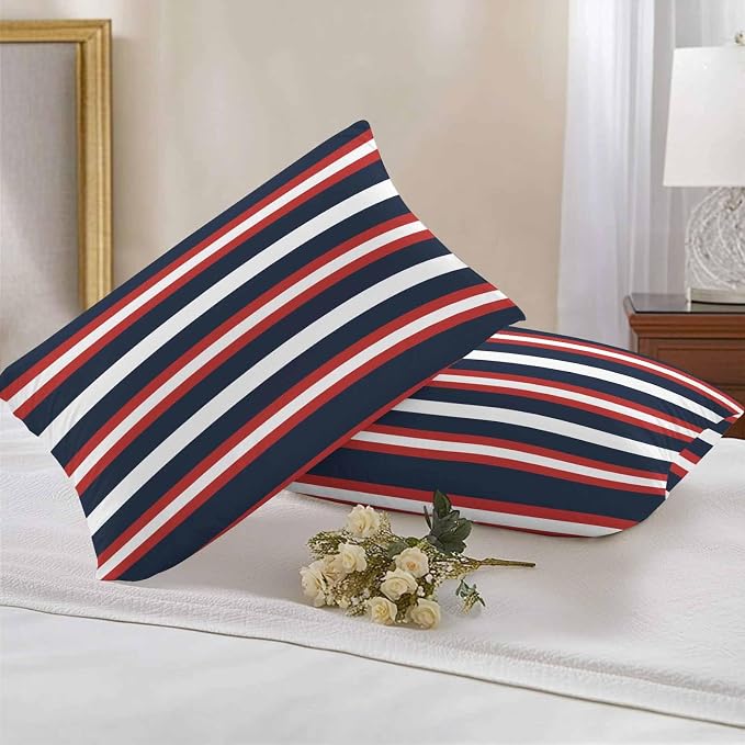 Red Navy Blue Striped Outdoor Pillow Covers Waterproof, All Weather Cushion Case Set of 2, Contemporary Minimalist Aesthetic Lumbar Pillowcase for Sofa Couch Bed Decor Patio Furniture 20"x12"