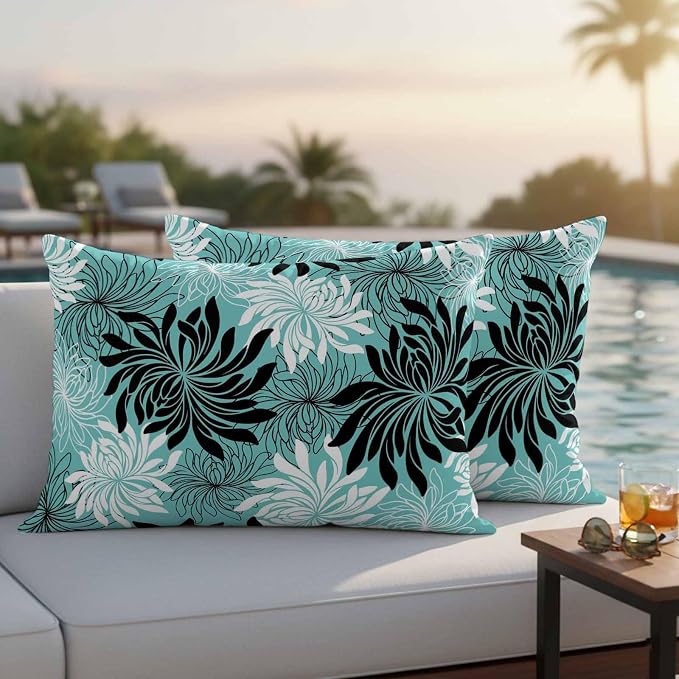 Yukro Teal Black Floral Outdoor Waterproof Pillow Covers Pack of 2, Vintage Teal White Black Flower Decorative Throw Pillowcases Cushion Covers for Garden Patio Tent Sofa Couch, 20x12 inch