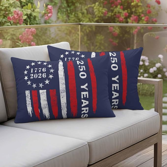 250 Years America Outdoor Pillow Covers 20"x12" Set of 2, Waterproof Throw Pillow Covers for Patio Furniture, USA 250th Anniversary Red White Blue Decorative Cushion Covers for Porch