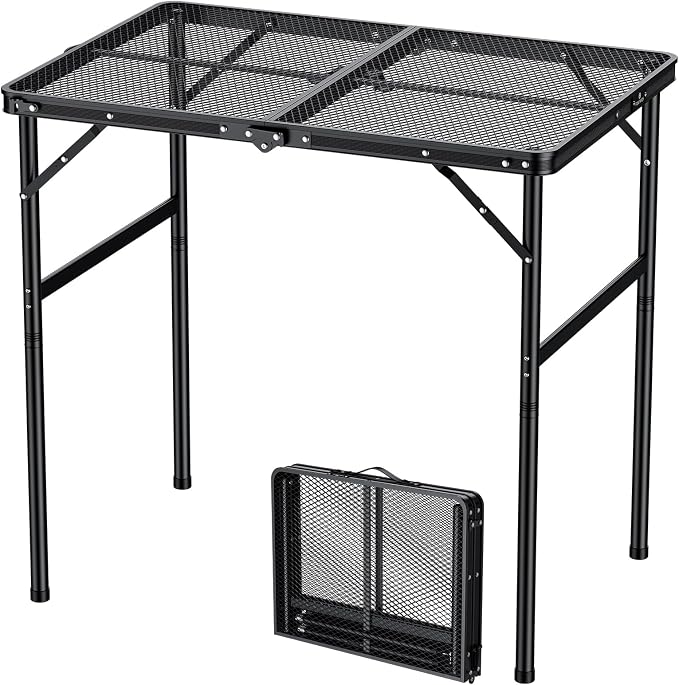 FUNYKICH Wider and Taller Grill Table 31.5''x21.6'', Max Height 29.4'' Portable Camping Tables, 2 Height Adjustable Lightweight Metal BBQ Table with Carry Handle for Camping, Picnic, BBQ, Black