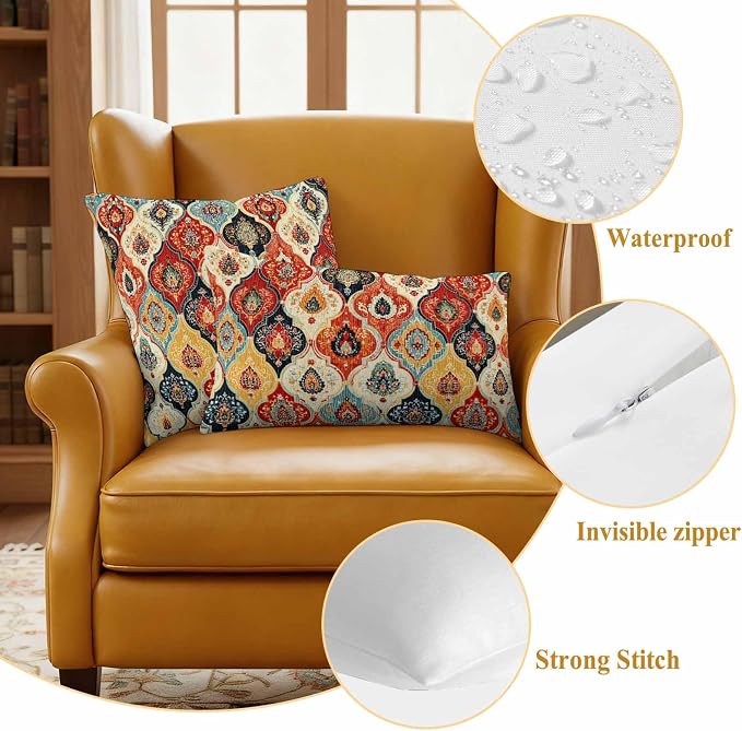 Bohemian Floral Outdoor Pillow Covers 24"x24" Set of 2, Moroccan Exotic Colored Floral Waterproof Throw Pillow Covers for Patio Furniture, Decorative Cushion Covers for Porch