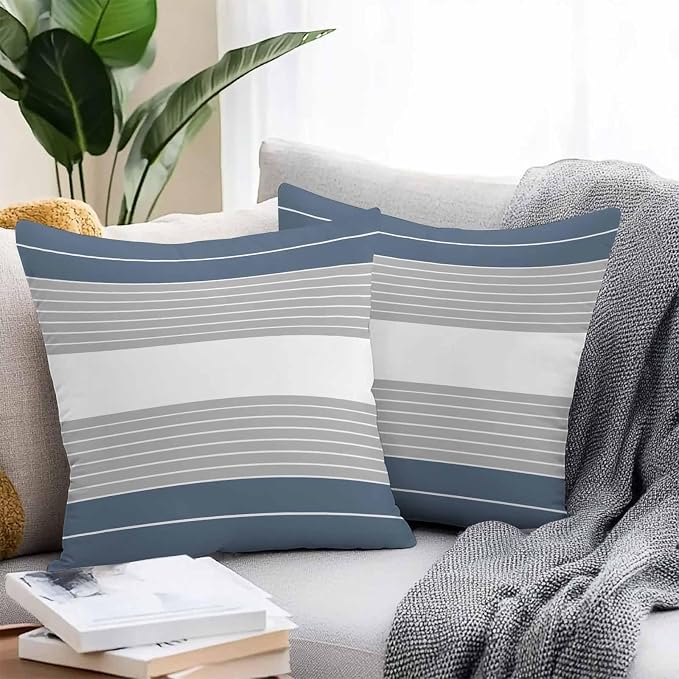 Haze Blue Grey Stripe Outdoor Pillow Covers Waterproof, All Weather Cushion Case Set of 2, Modern Art Horizontal Striped Decorative Pillowcases for Sofa Couch Bed Decor Patio Furniture 16"x16"