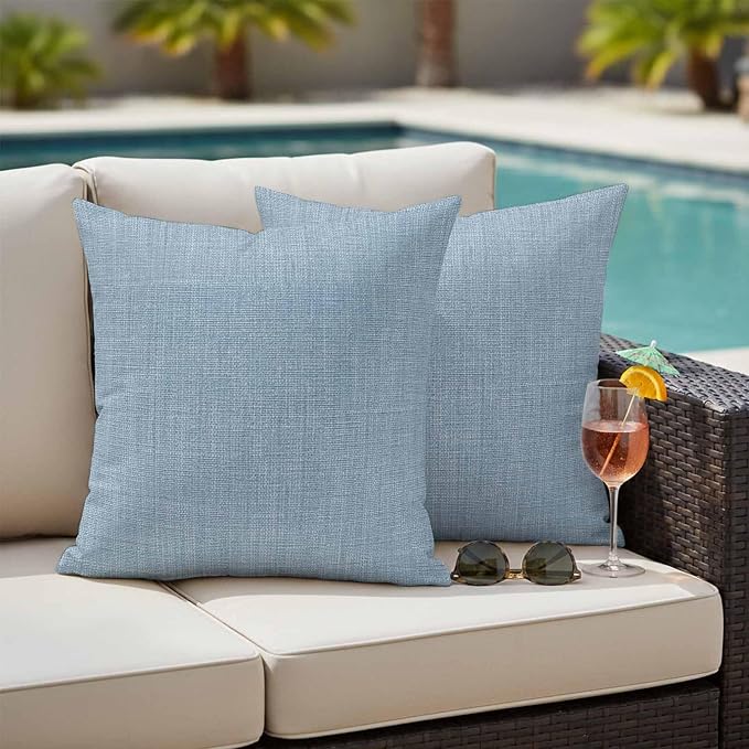 Outdoor Waterproof Throw Pillow Covers Set of 2 Sky Blue Linen Pillowcases 16x16 Inches Farmhouse Pure Color Decorative Pillows Cushion Case Patio Pillows for Couch Bed Chair Garden