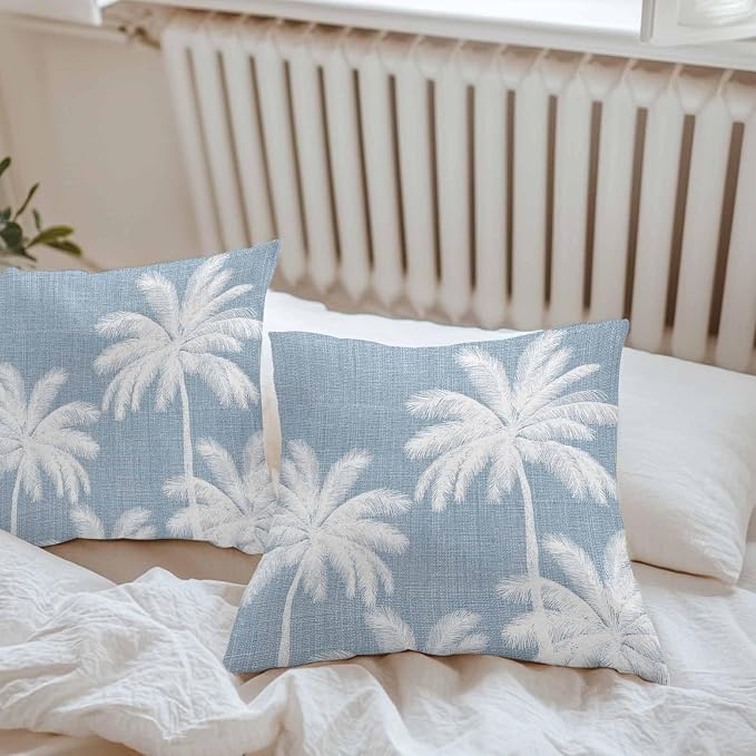 Outdoor Pillow Covers 16x16 Inch Set of 2, Light Blue Palm Trees Waterproof Throw Pillow Covers, Farmhouse Tropical Summer Beach Decorative Cushion Pillowcases for Couch, Sofa, Bed, Garden, Patio