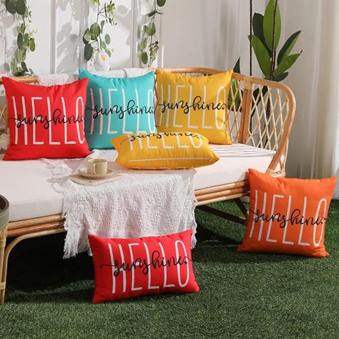 DFXSZ Yellow Outdoor Waterproof Pillow Covers 22x22 Set of 2 Hello Sunshine | Hello Sunshine Decor Spring Summer Polyester Pillow Covers(NO INSERTS)| Decor for Patio Funiture Garden Sofa Couch