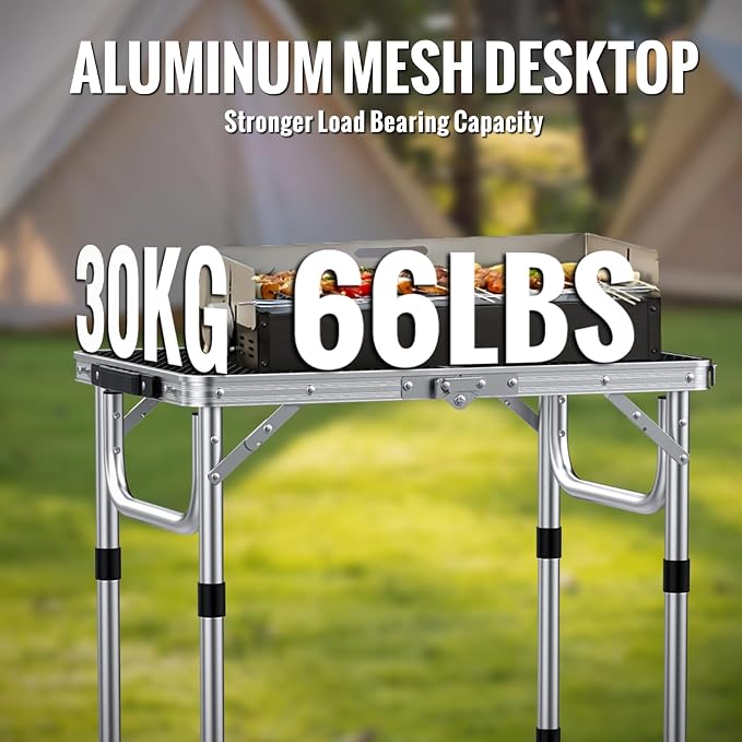 GARLLEN 2ft Folding Grill Table, 3 Adjustable Height Folding Camping Table with Heat-Resistant Mesh Tabletop, Portable Aluminum Picnic Tables for BBQ, Camping, Outdoor, 22.8" L x 15.7" W