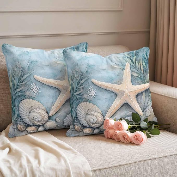 Ocean Coral Outdoor Waterproof Throw Pillow Covers Set of 2, 18"x18", Shell Starfish Plant Leaf Coastal Rustic Decorative Pillow Covers Outside Cushion Case for Patio Porch Garden