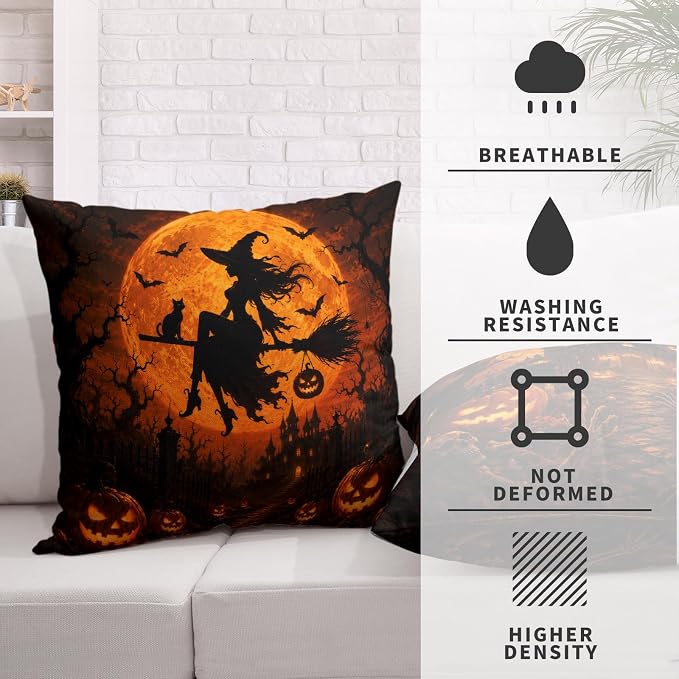 Orange Halloween Pillow Covers 20x20 Set of 2 Spooky Castle Witch Throw Pillow Covers Jack-O-Lantern Pumpkins Decorative Pillowcase for Couch Sofa Indoor Outdoor