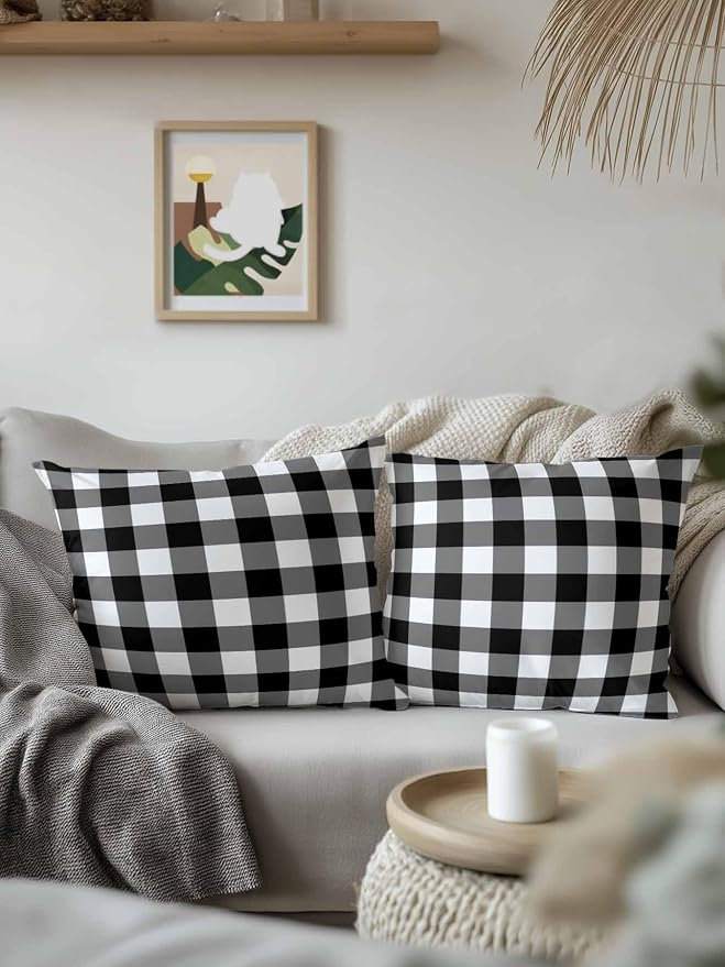 Waterproof Outdoor Pillow Set of 2 Black Buffalo Plaid Decorative Throw Pillows Cover & Insert 16x16 Inch Pillowcase Check Lines Square Pillows for Couch Sofa Bed Patio Furniture Indoor Outdoor