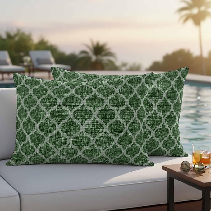 Dark Green Moroccan Outdoor Pillow Covers 20x12 Inch Lumbar Pillow Covers Set of 2 Waterproof Decorative Throw Pillow Cases Middle Century Quatrefoil Plaid Art Cushion Covers for Patio Furniture