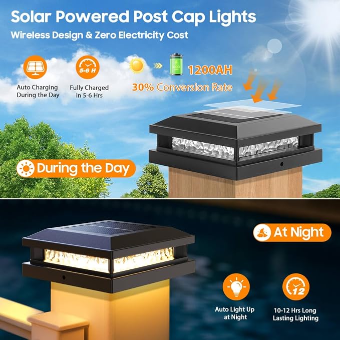 8-Pack Solar Post Lights, 2-Colors Mode 16LEDs Outdoor Decorative Post Cap Lights, Waterproof Solar-Powered Fence Posts Light, Fit 4x4, 5x5 Vinyl/Wooden Posts in Garden Yard Porch Deck, Black