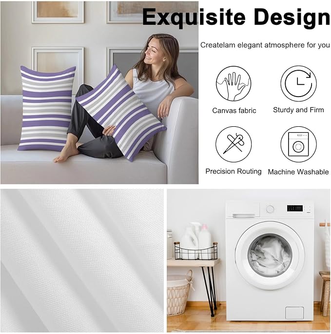Purple Grey Stripe Outdoor Pillow Covers 20x12 Inch Lumbar Pillow Covers Set of 2 Waterproof Decorative Throw Pillow Cases Farmhouse Minimalist Striped Cushion Covers for Patio Furniture Garden Couch