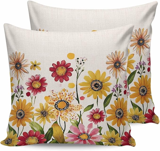 Outdoor Waterproof Pillow Covers for Patio Furniture Pink Purple Floral Decorative Throw Pillow Cover Red Yellow Flowers Pillowcases Set of 2 Cushion Case for Sofa Couch Chair Home Decor 20"x20"