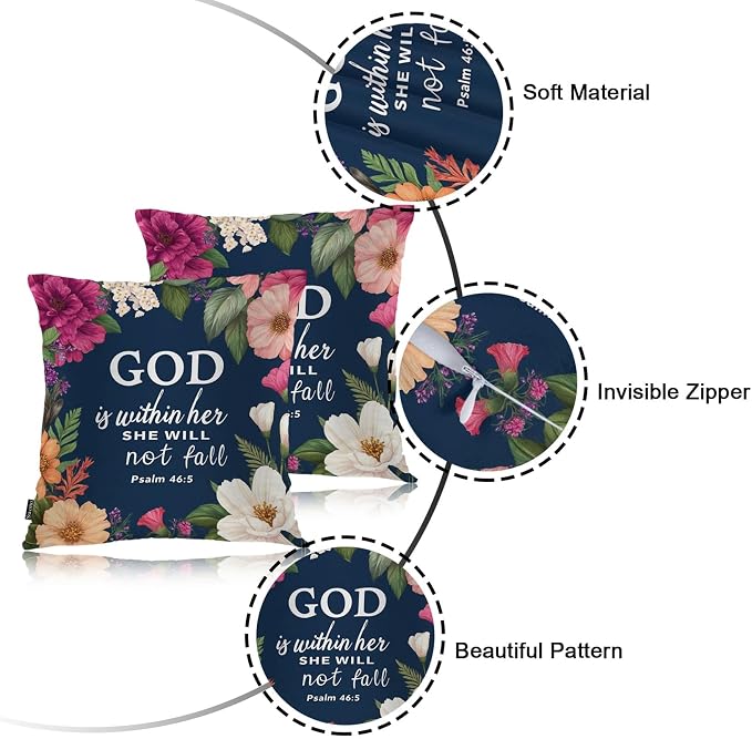 Swono Bible Verses Set of 2 Square 18x18 Inch Throw Pillow Cover God is Within Her She Will Not Fall Cosy Pillowcases Pillow Cushion Covers for Home Sofa Couch Garden Bench Car, Christian Quote